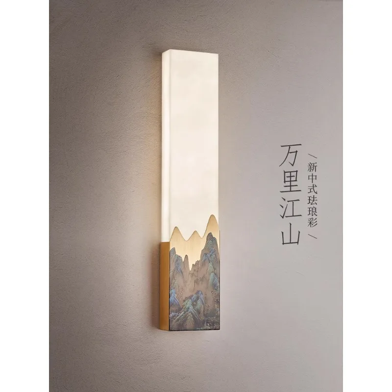 

New Chinese style all-copper wall lamp enamel color Chinese style zen tea room living room background wall marble bedroom