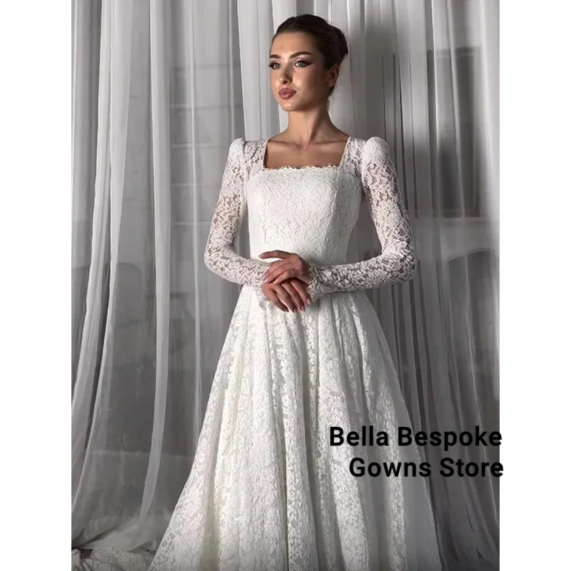 Gorące arabskie suknie ślubne dla kobiet, szyte na miarę, z długim rękawem, kwadratowym dekoltem, trenem kaplicznym, koronkowe suknie ślubne dla muzułmanek, suknia ślubna.