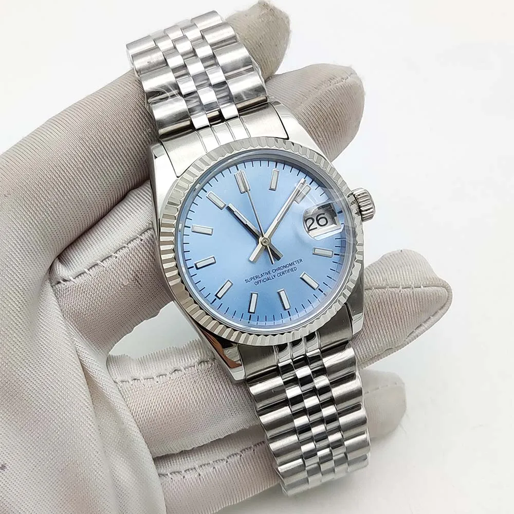 36mm Business Water Resistant Watch 316L Stainless Steel Case Strap Ice Transparent Blue Aseptic Dial NH35 Movement Men\'s Watch