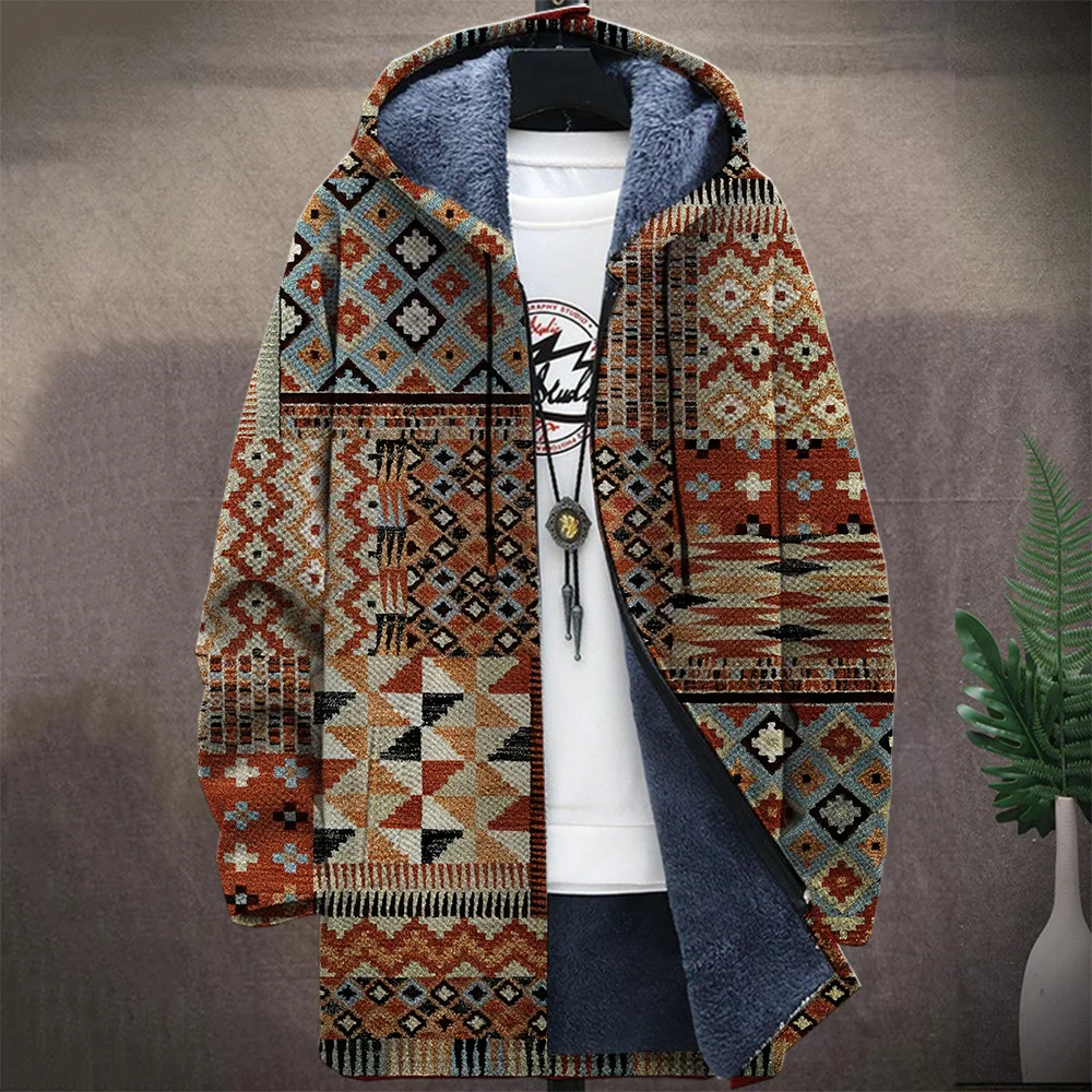 Men'S Native Retro Aztec Block Graphic Winter Coat Print Pattern Knitted Sweater Cardigan Zipper Hooded Thick Fleece For Youth