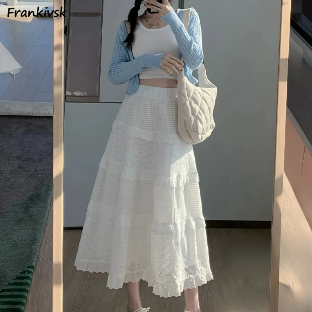 Women Skits Pure Hollow Out Aesthetic Charming A-line Ulzzang Summer Girlish Fashion Tender Ins Lace Youthful Flowing Versatile