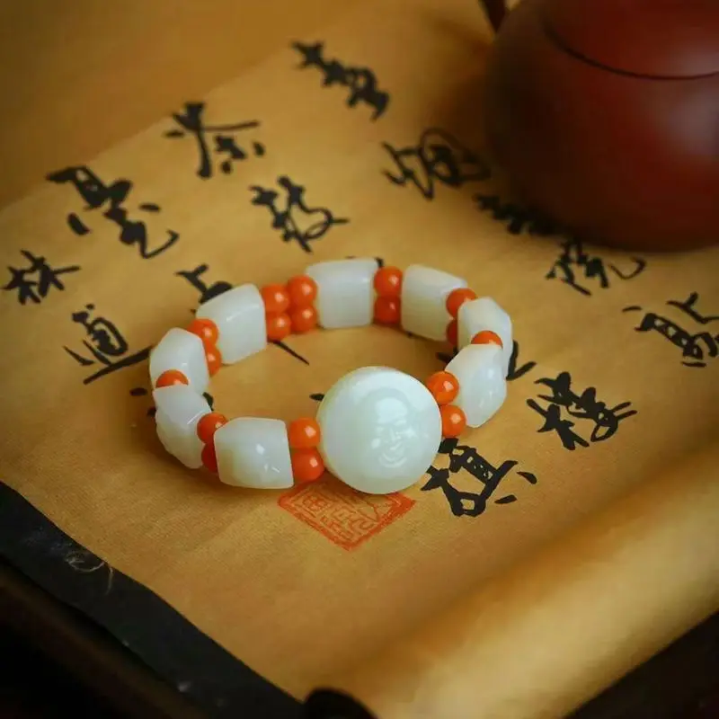 

Hetian Buddha Old Russian Material White Jade Bracelet Unisex Fashion Jewelry Father'S Day Round And Plu