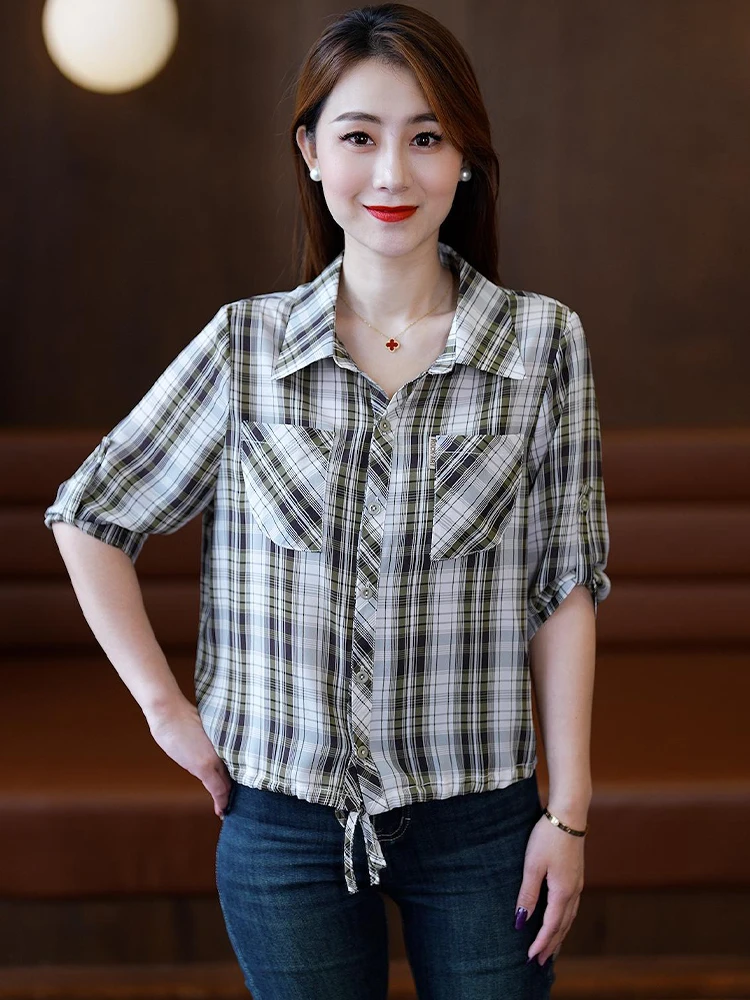 Faionable Plaid ort Sve irt Dames Herfst Nieuwe Sle Jeugdig Klein formaat Koreaanse versie Recht gesneden Ademend