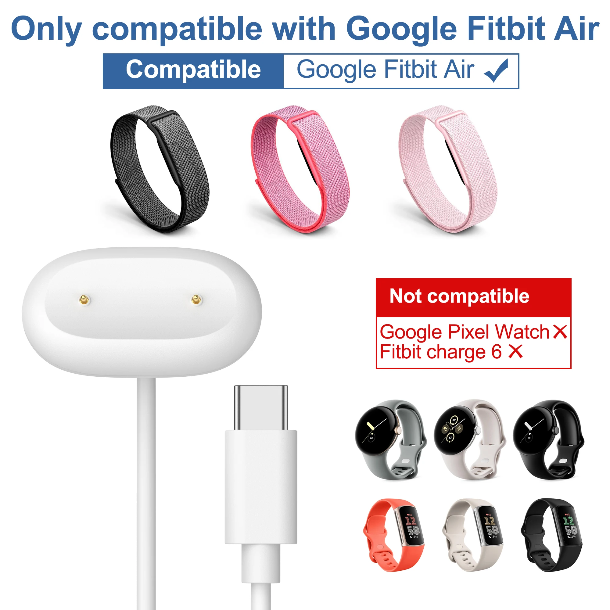 Type-C Charger For Google Fitbit Air Charging Cable Cord Wire Magnetic Adapter For Google Fitbit Air Smart Watch Accessories
