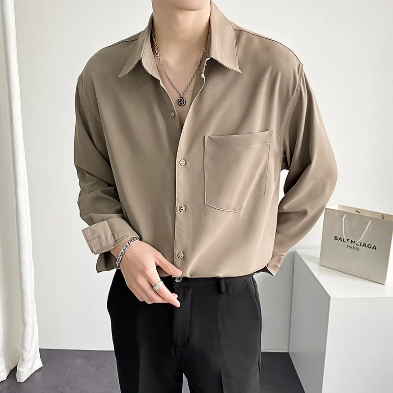 

Casual Long Sleeve Shirt Men's Thin Loose Trendy Pure Color Shirt Summer Youth Popular Loose Fit Shirt for Men with Sharp Collar
