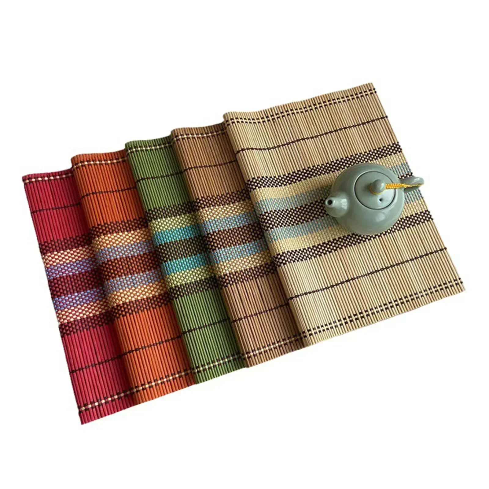 5pcs Bamboo Dining Placemats 5pcs Woven Ribbed Table Mats AntiSlip & Heat Resistant Protect Your Furniture 17.7\