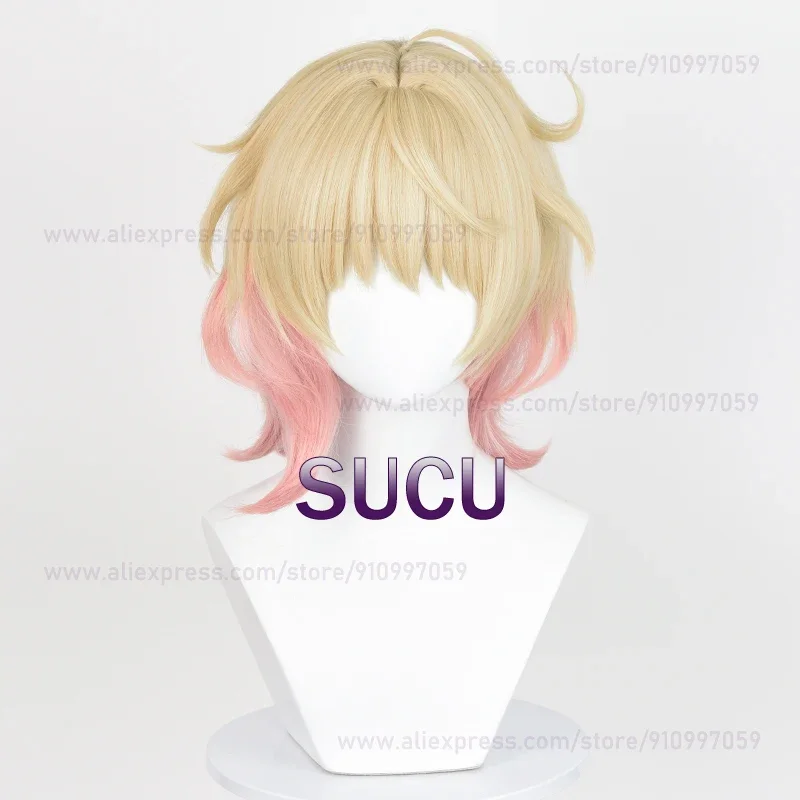 Emilie Cosplay Pruik 35Cm Korte Gouden Roze Vrouwen Haar Anime Hittebestendige Synthetische Pruiken