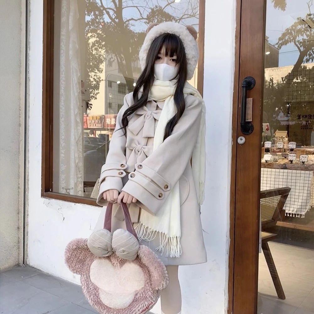 2025 Autumn Winter New Japanese Style Beige Turn-Down Collar Long Sleeve Bow JK Mid-Length Casual Loose Quilted Coat