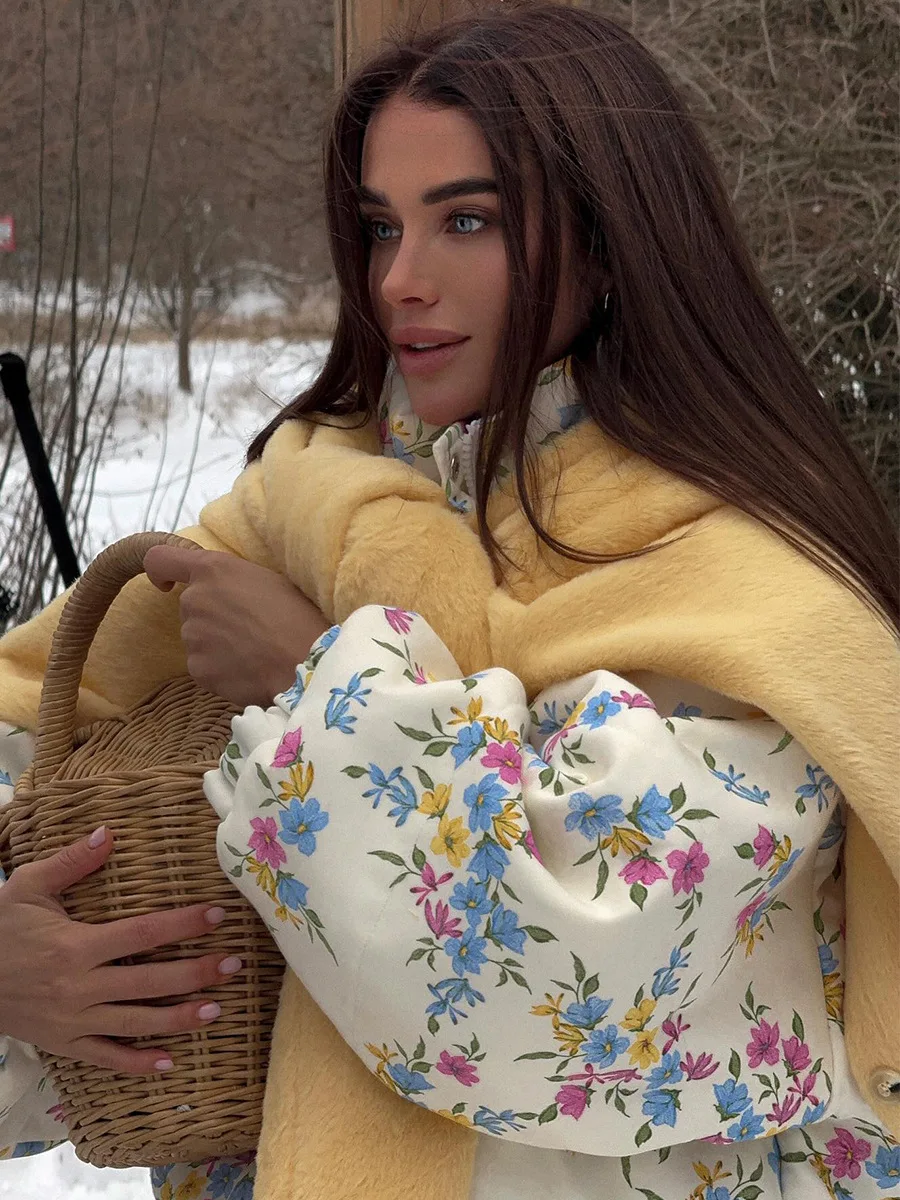 Wolfeel New Women's Puffer Jacket Oversized Stand Up Collar Zipper Closure Floral Print Warm Cotton Filled Coat Autumn Winter