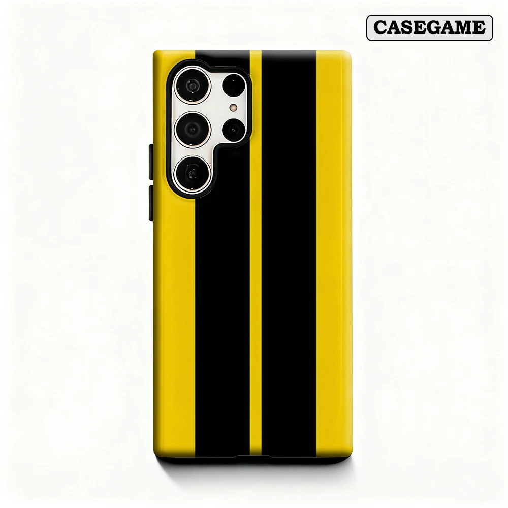 Minimalist Yellow Black Vertical Stripes Phone Case for Samsung Galaxy S25 Ultra S24 Plus Shockproof Double Layer Back Cover