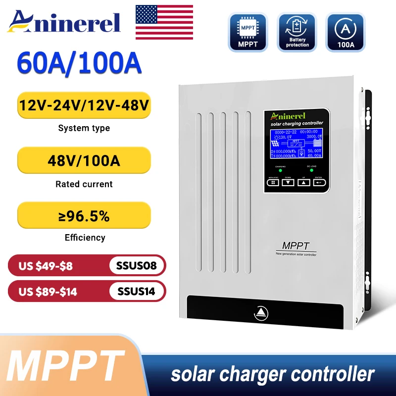 

Aninerel 100A 60A MPPT Solar Charge Controller 12V/24V/36V/48V Auto Max Solar Charger Max 150VDC Back-light LCD Solar Regulator