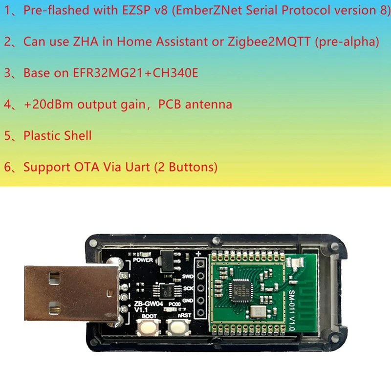 Mini Open Source Hub Gateway, Dongle USB, Módulo Chip, Silicone, Zigbee 3.0 Labs, EFR32MG21, Universal, 1 Pc