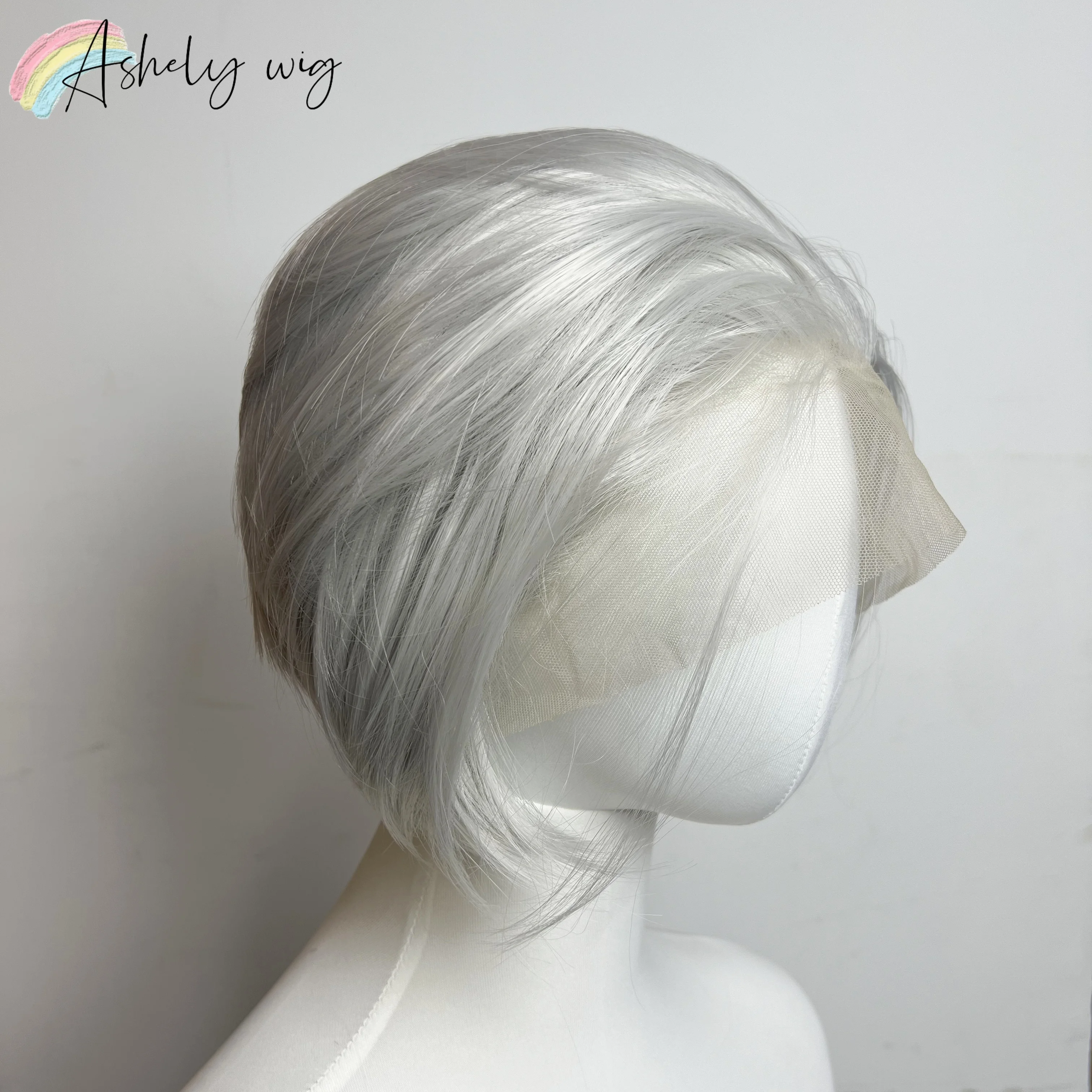 

Серебристо-белый парик фронта шнурка для мужчин, 8-дюймовые прямые короткие синтетические парики шнурка, высокое качество, естественный вид, белый парик для косплея