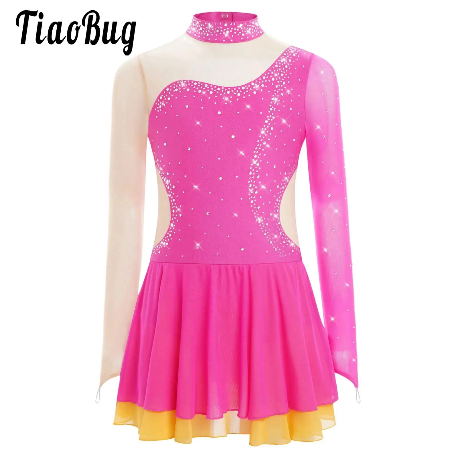 

Figure Skating Dress Girls Gymnastics Ballet Lyrical Dance Dress Sheer Mesh Long Sleeve Shiny Rhinestones Skirted Dance Costume