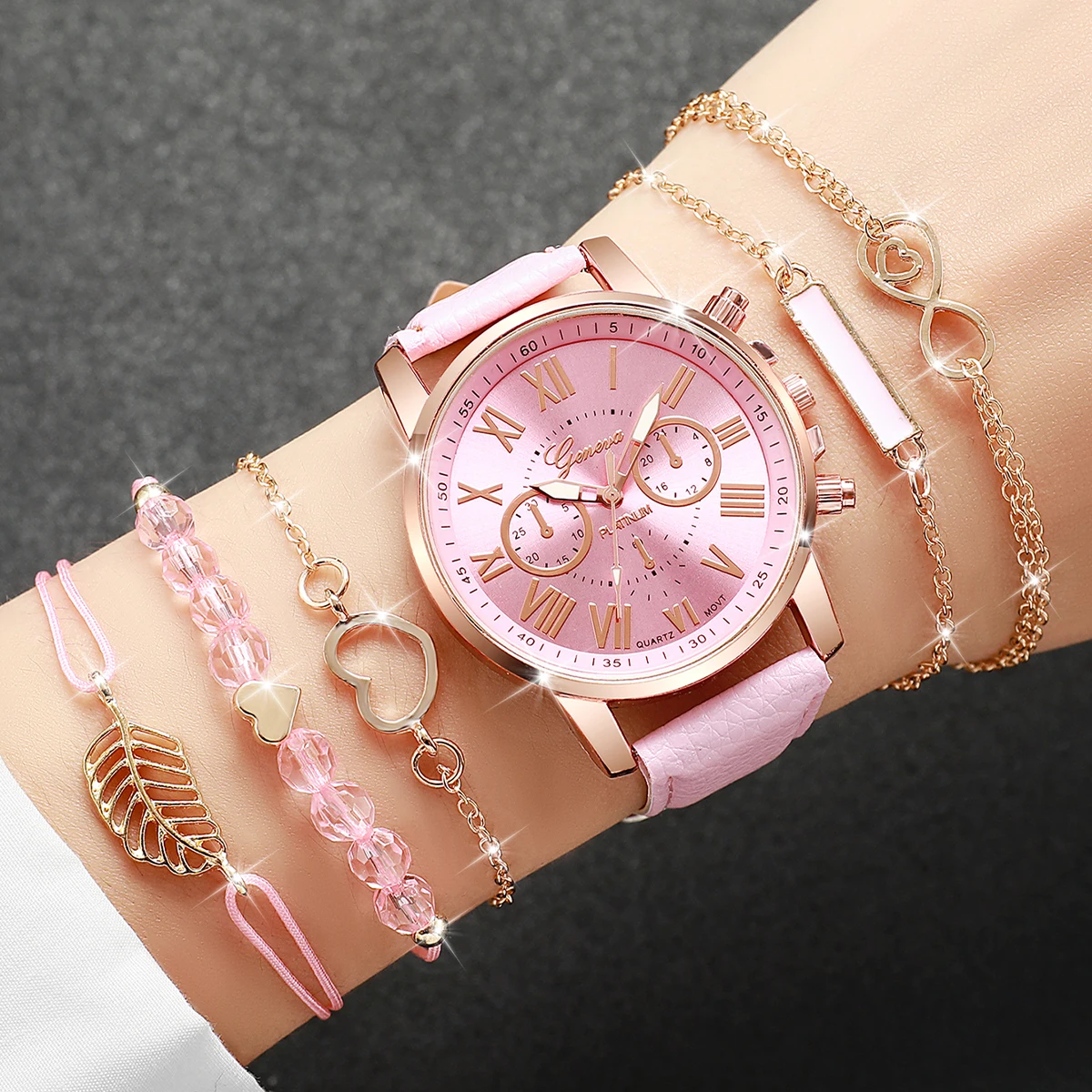 6 pieces/set of fashionable women's watches with Roman dial, women's leather strap, quartz watch strap set (without box)