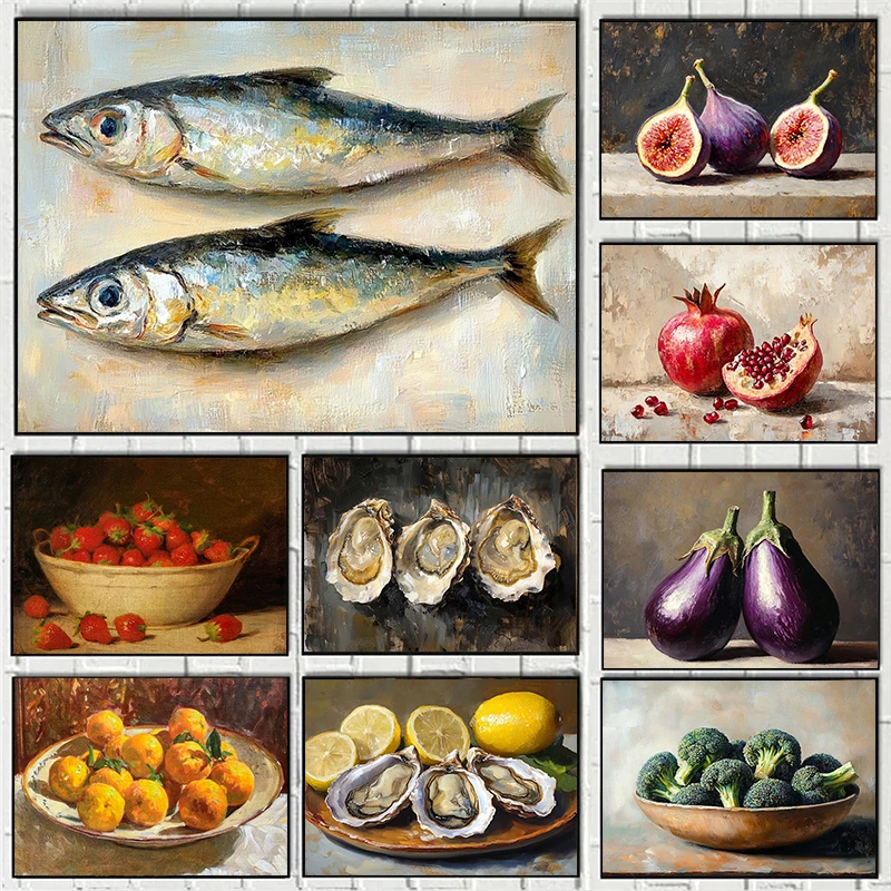 Western Rustic Coastal Kitchen Fruit Cuisine Vegetable Poster Oyster Pomegranate Sardine Canvas Painting Wall Picture Home Decor