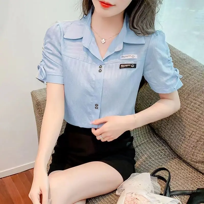 Summer New Thin Short Sleeve White Chiffon Shirt Women Clothing Solid Polo Neck Loose Lacing Temperament Blouse Fashion Sweet