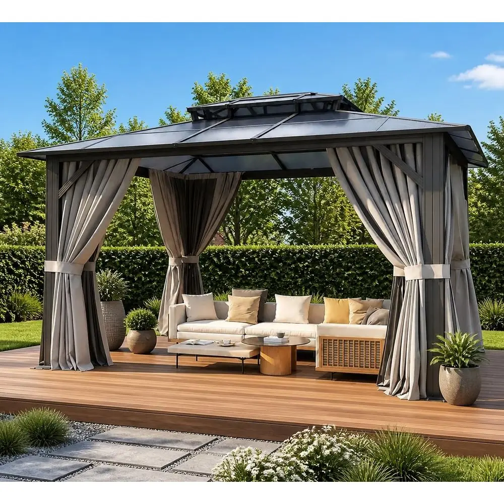 

Hardtop Gazebo Outdoor Permanent Gazebo with Double Polycarbonate Roof Canopy, Aluminum Frame Permanent Pavilion with Curtains
