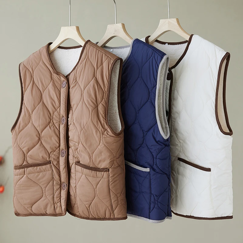 

Двусторонний жилет из овечьей шерсти для женщин, свободный крой, с хлопковой подкладкой, утолщенный, без рукавов, с подплечниками, в корейском стиле, для повседневной носки