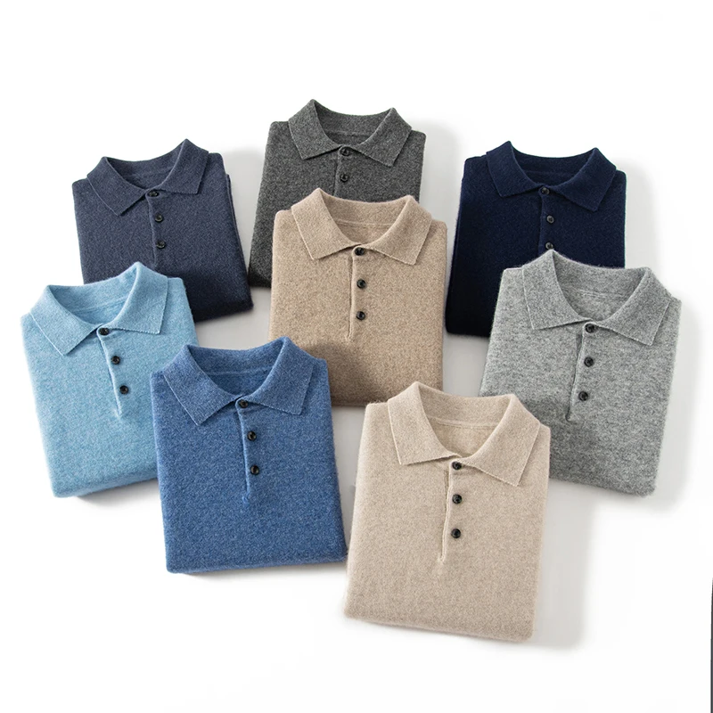 

Высококачественные новые осенние свитера из 100% кашемира, мужская футболка с длинным рукавом и воротником-поло, однотонный свитер, мужской пуловер большого размера