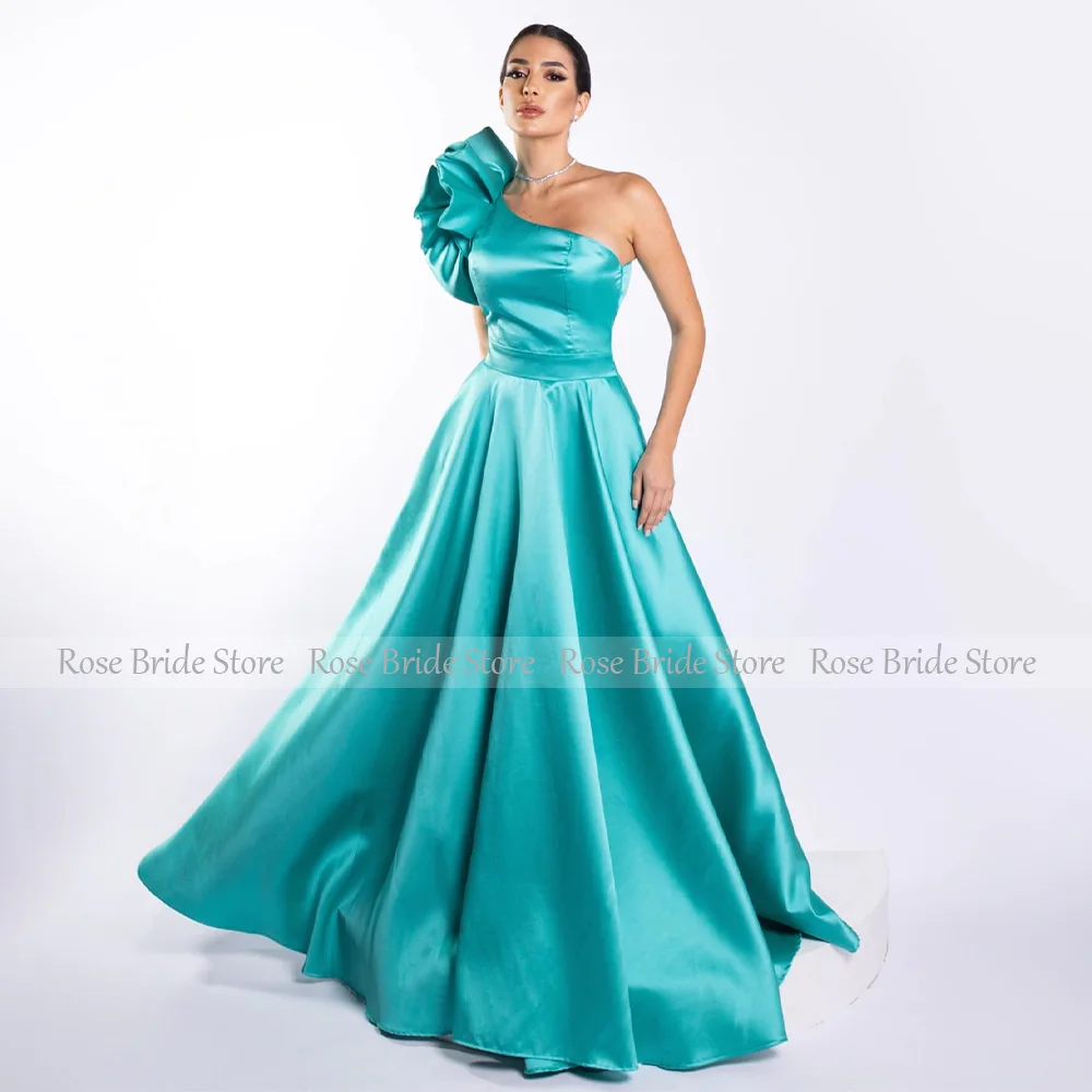 One Shoulder Prom Dress Dark Royal Blue Satin Ruffle A Line Elegant Formal Party Gowns Long Sleeveless Simple Evening Dresses