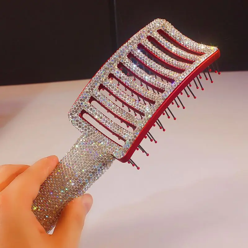 Diamond Studded Women's Straight Curved Hair With Bend And A Large Fluffy Hair, Men's Row Bone Styling Comb Blowing Oil Head