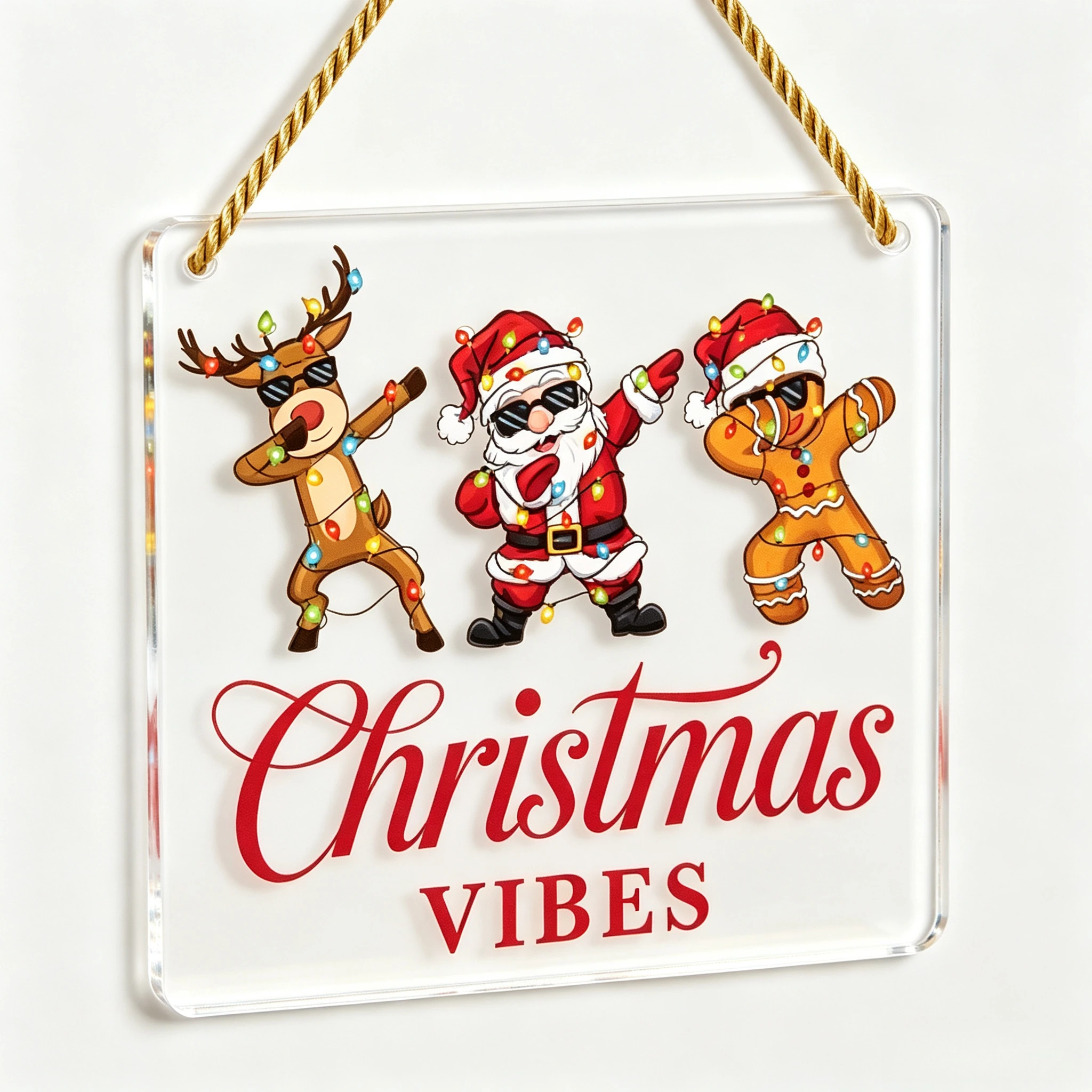 Christmas Vibes Square Acrylic Hanging Sign, Dabbing Santa Reindeer Gingerbread Man Xmas Wall Decor