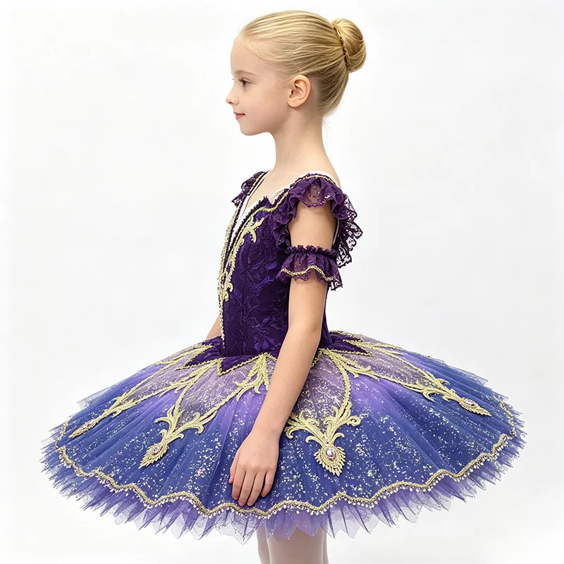 Womens Lace Flutter Sleeve V Neck Ballet Tutu Performance Dress Gold Scroll Rhinestone Octagonal Star Patch Trim Purple Blue Gra