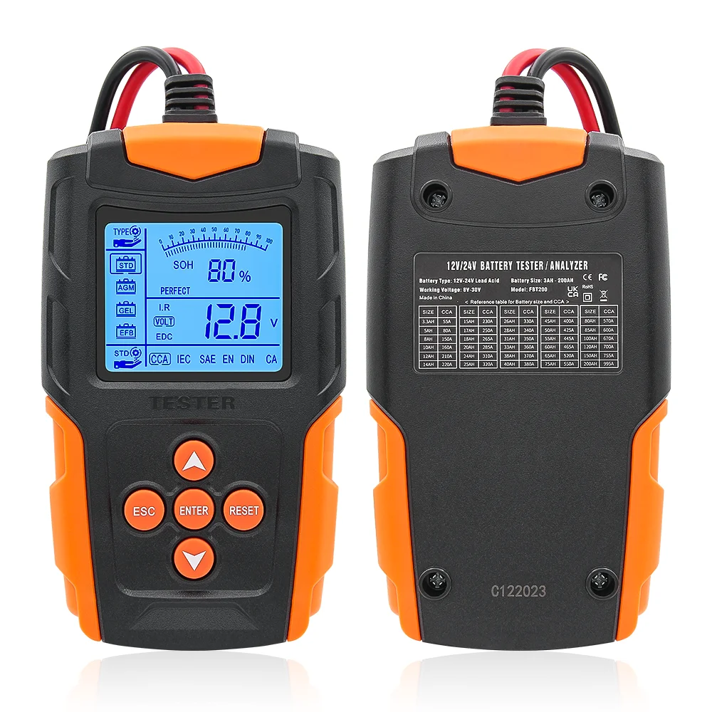 FOXSUR FBT200 Car Battery Tester 12V 24V For Wet/GEL/SLA/Flooded/EFB/Lead-Acid/AGM Battery Analyzer Test Tool Digital Analyzer