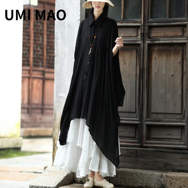 UMI MAO 2023 Spring Minimalist Lapel Long Doll Sleeve Sunscreen Cardigan Women's Irregular Elegant Silk Linen Big Shirt Black