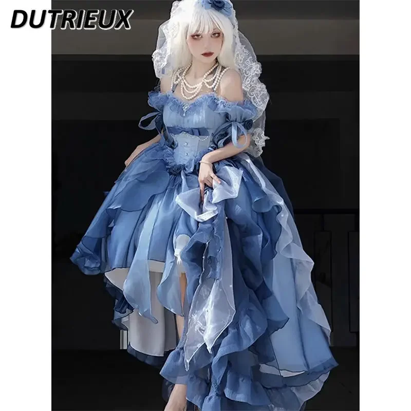 

Heavy Industry Trailing Umbrella Princess Dress 2024 Summer New Evening Dress Pearl Necklace Ruffled Pleated Lolita Dress Women