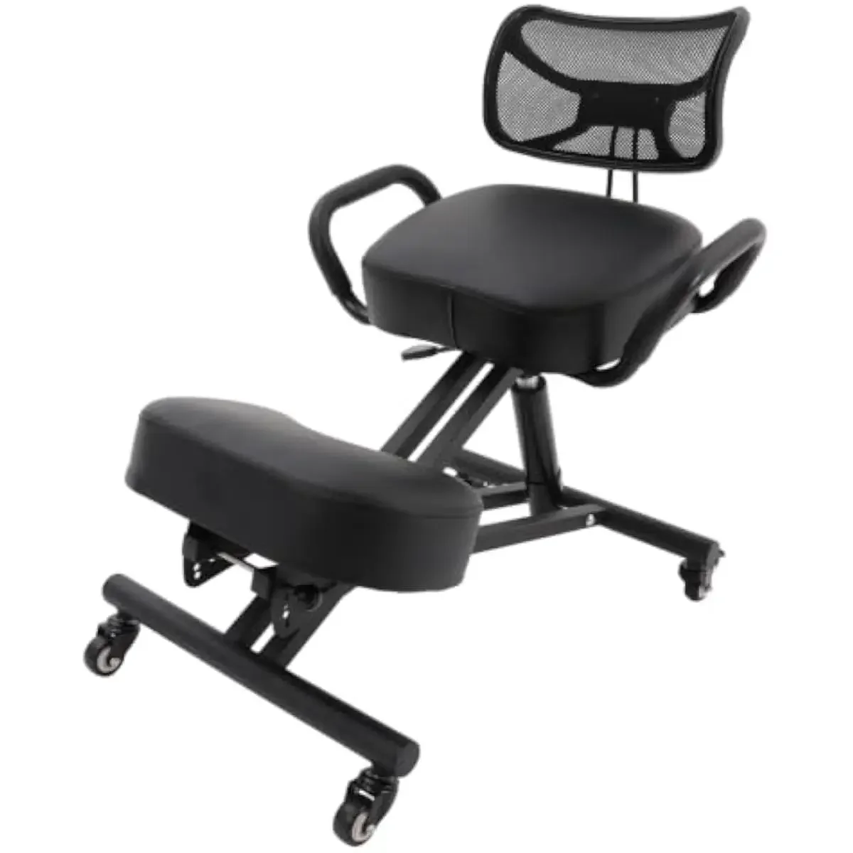 Ergonomischer Stuhl für die kniende Sitzposition mit atmungsaktiver Netzrückenlehne, höhenverstellbarem Stahlrahmen, gepolstertem Kniepolster und 360-Grad-Drehfunktion.