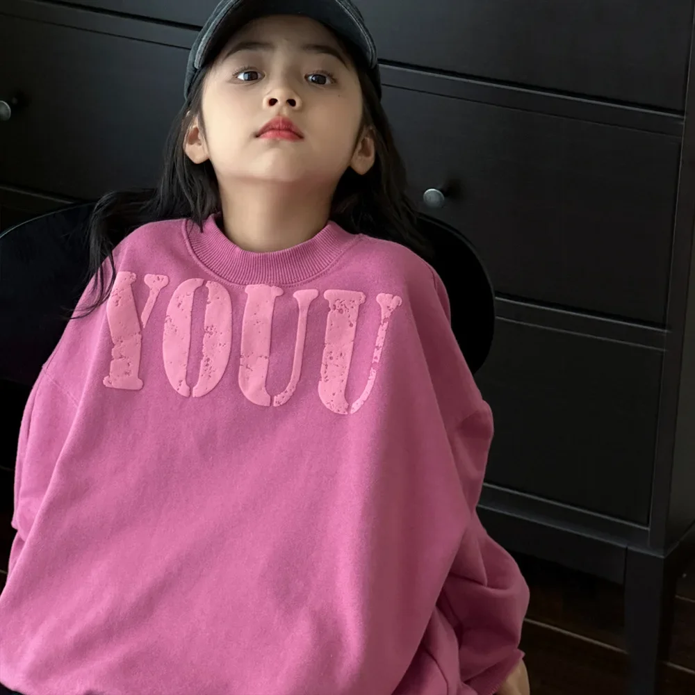 2024 girls' round neck pullover hoodie trend Korean version loose casual boys' printed hoodie letter pullover