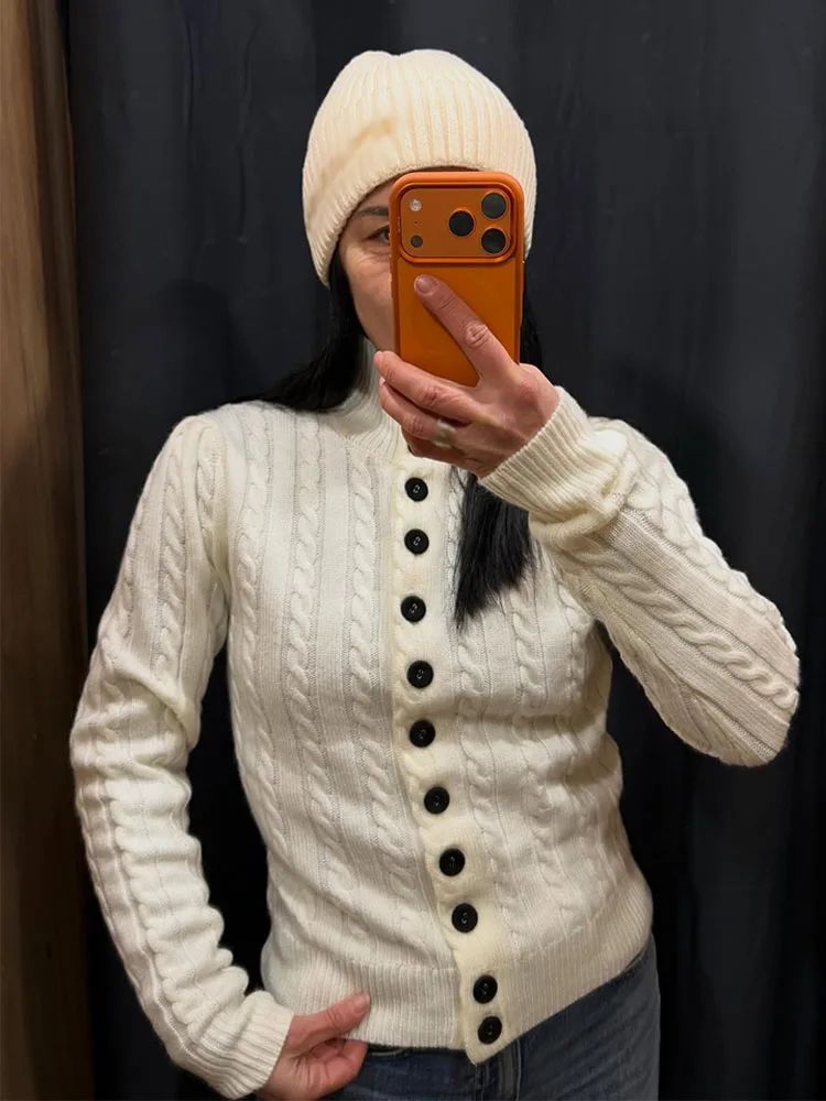 

Women's Spring New Fashion Knitted Tops Solid High Collar Long Sleeves Single Breasted Cardigans Female Casual Slim Sweaters