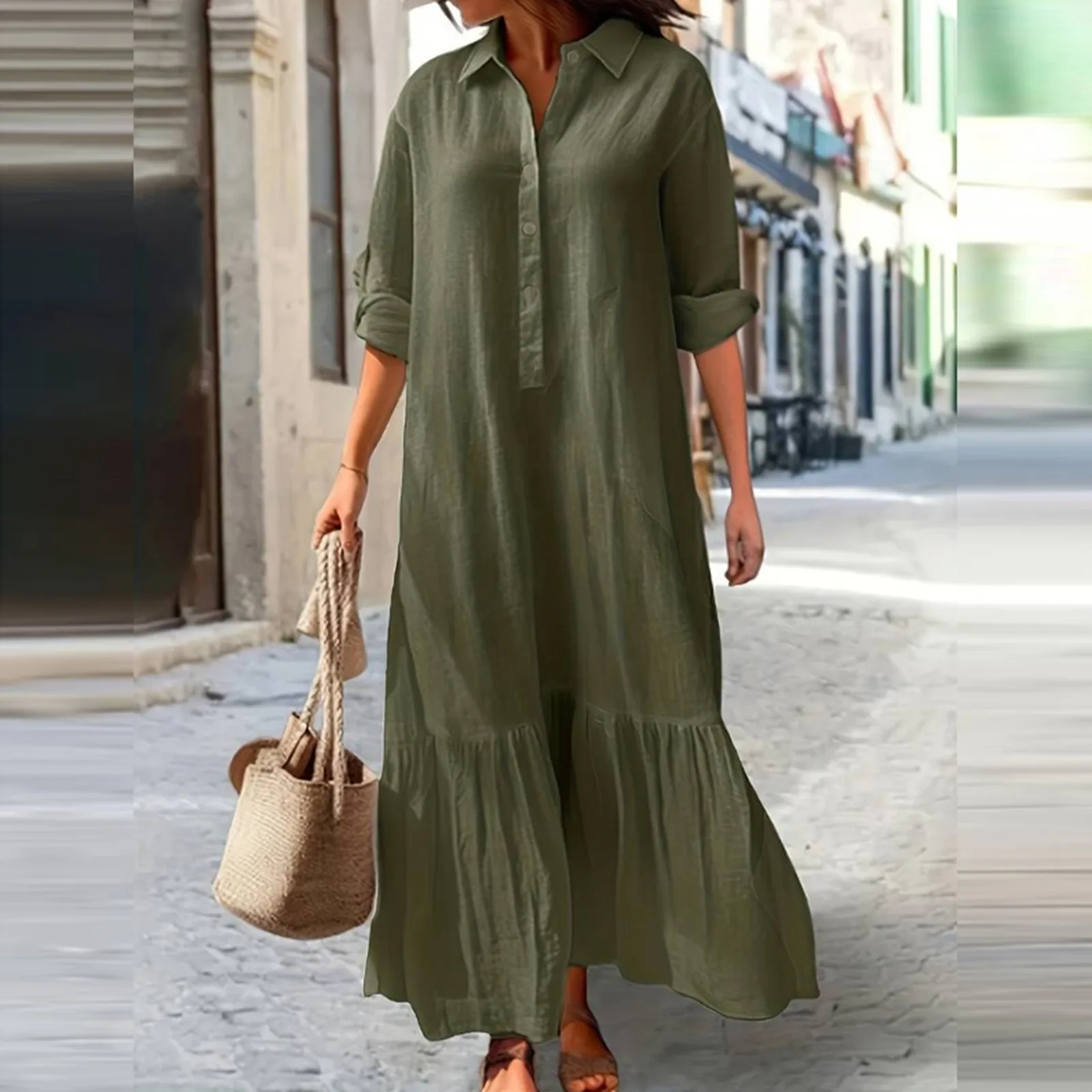 

Women Long Dress Asymmetrical Shirt Dress Buttons Casual Maxi Dresses Big Swing Long Sleeve Lapel V Neck Elegant Sundress Street