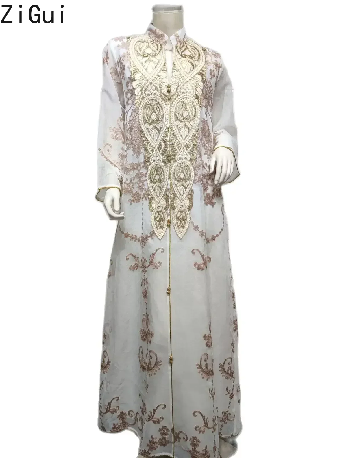 Zigui Evening Modesty Dress Women Muslim Gold Apricot Embroidered Abaya Long Sleeves Robes White Chiffon Dress