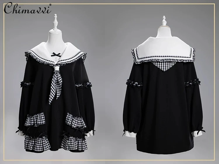 

Japanese Style Girl's Oversized Sweatshirt New Spring Autumn Sweet Ruffle Long Sleeve Turn-down Collar Loose Lolita Hoodies Tops