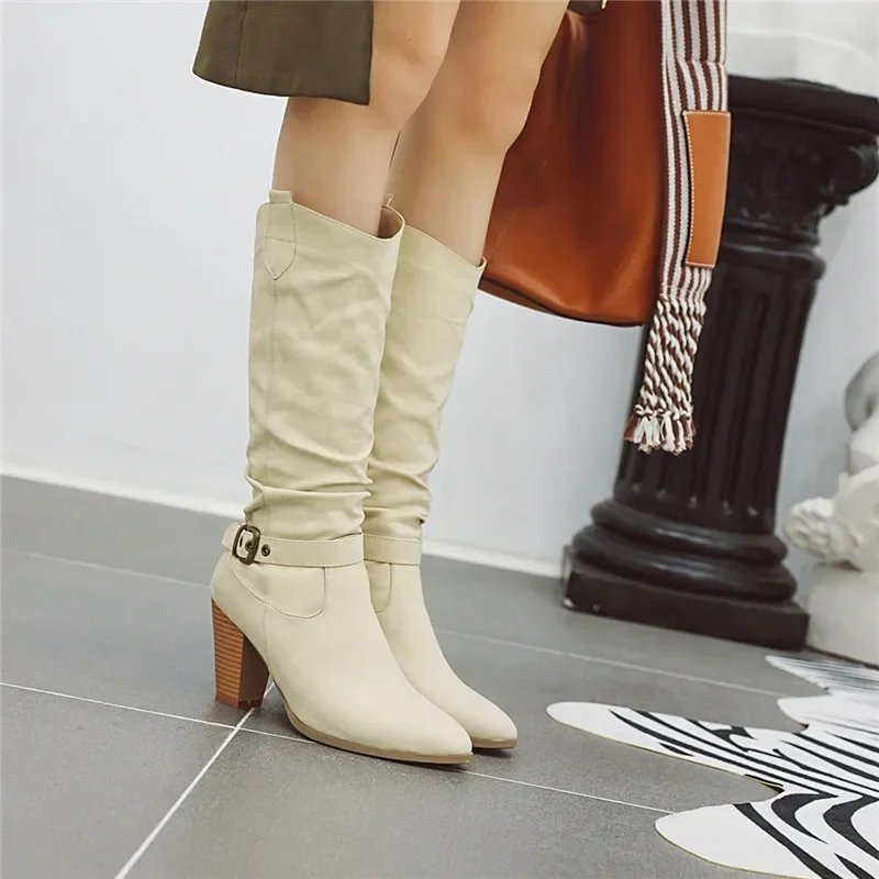 

YQBTDL, зима 2025 г., модные ботинки для верховой езды на высоком каблуке, женские черные ковбойские женские туфли до середины икры в стиле вестерн, оптовая продажа