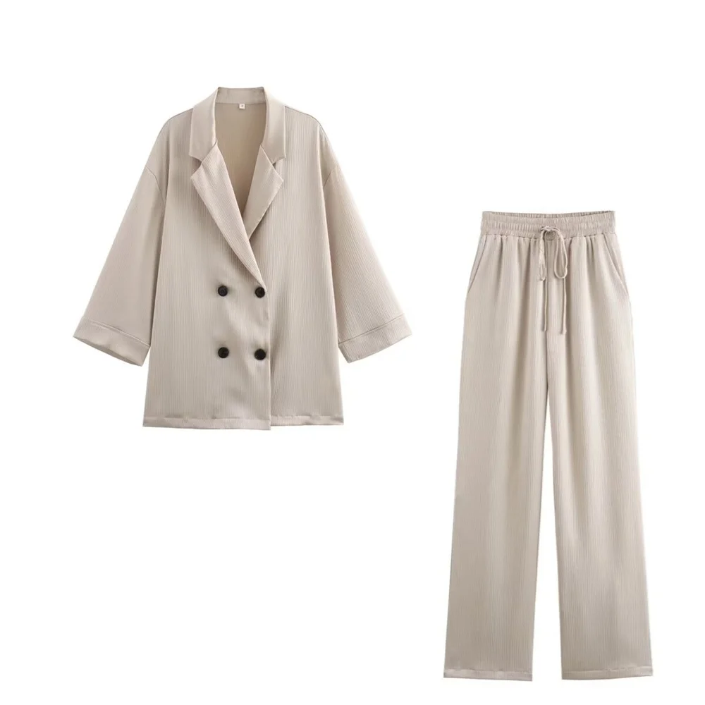 Taop&Za 2024 Autumn New Product Women's Fashion Casual Wrinkle Effect Double breasted Suit Coat High Waist Long Pants Set