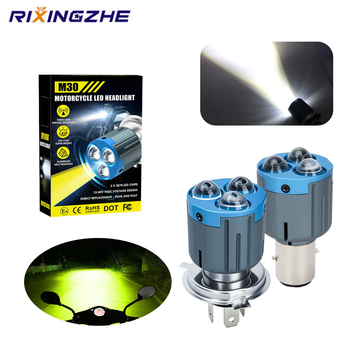 

1PC H4 BA20D LED Motorcycle Headlight 30W 3 Lens Dual Color Fog Lamp 12V Day Running Light for Motorbike Scooter Running Light