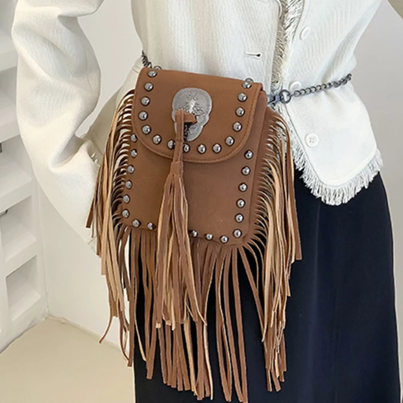 Vintage Women\'s Fringe Bag Individual Rivet Mobile Phone Bag Chain Shoulder Bag Crossbody Bag Shopping