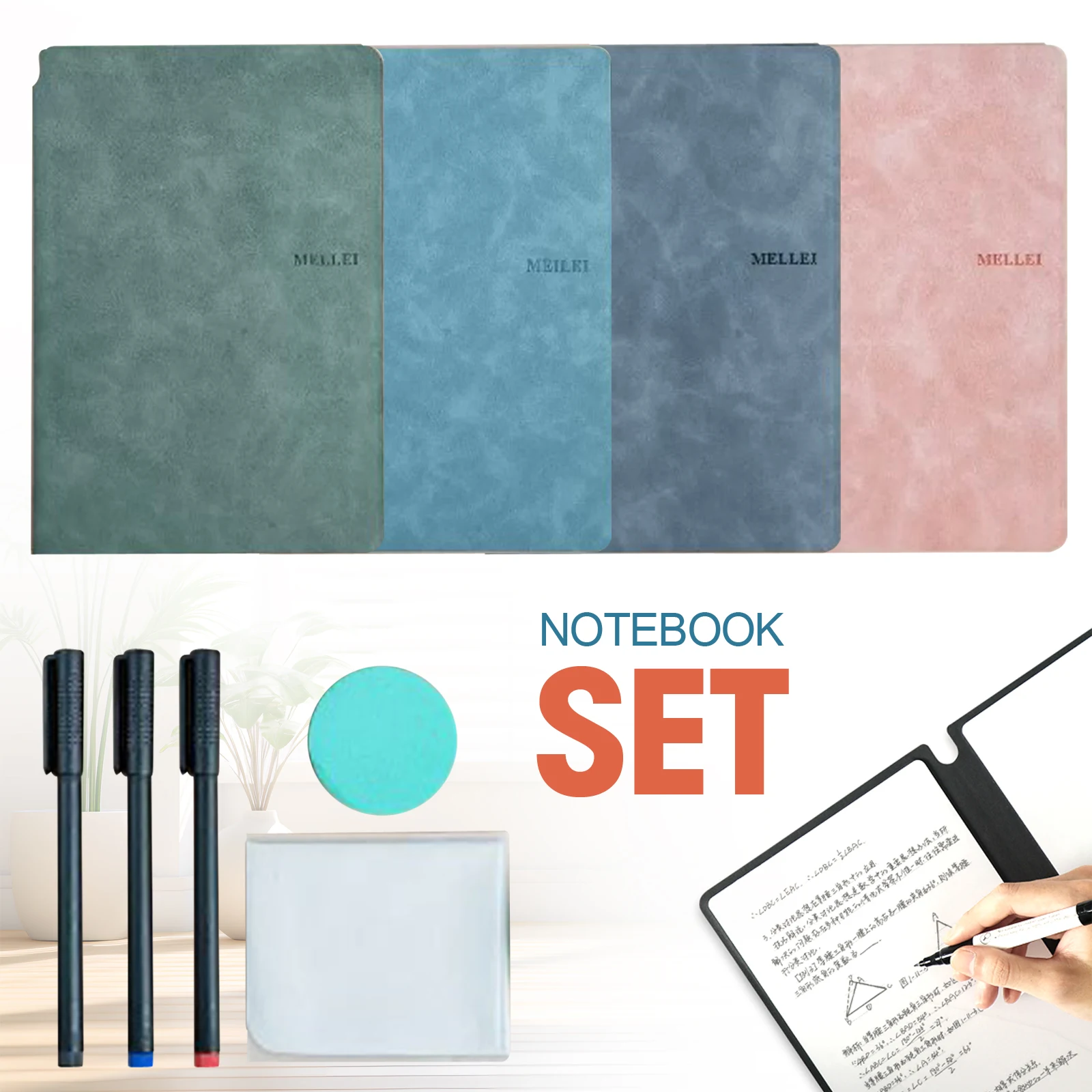 reutilizavel whiteboard notebook conjunto com caneta apagar pano memo pad de couro planejador semanal portatil elegante material de escritorio a5 novo 01