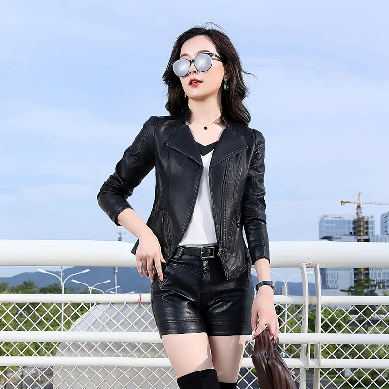 

2024 Brand middle-aged casual leather jacket, women's leather jacket for spring and autumn , short and slim standing collar