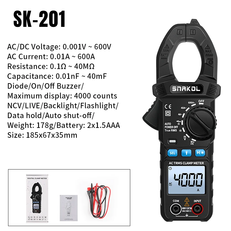 SNAKOL SK-203 Zangenmessgerät Digitaler Tester Professionelles Voltmeter Zangenamperemeter Elektrischer Multitester 600A AC/DC True RMS 35mm Großer Klemmkopf Hintergrundbeleuchtung & Taschenlampe