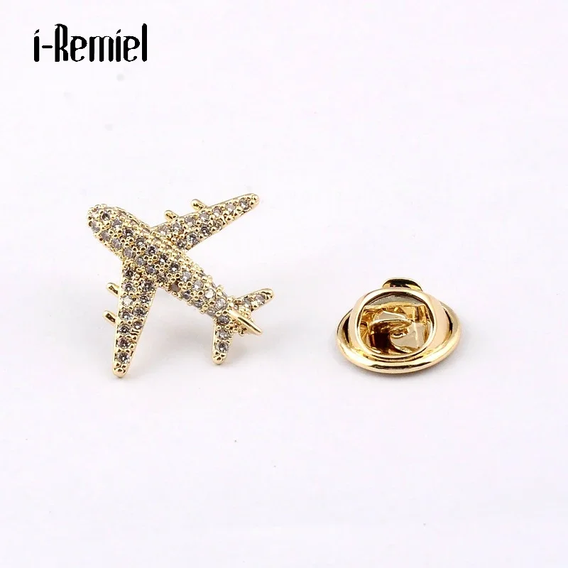 Korean High-Grade Small Aircraft Brooches Jewelry Zircon Crystal Metal Men Suit Lapel Pin Hat Clothing Accessories Space Gifts