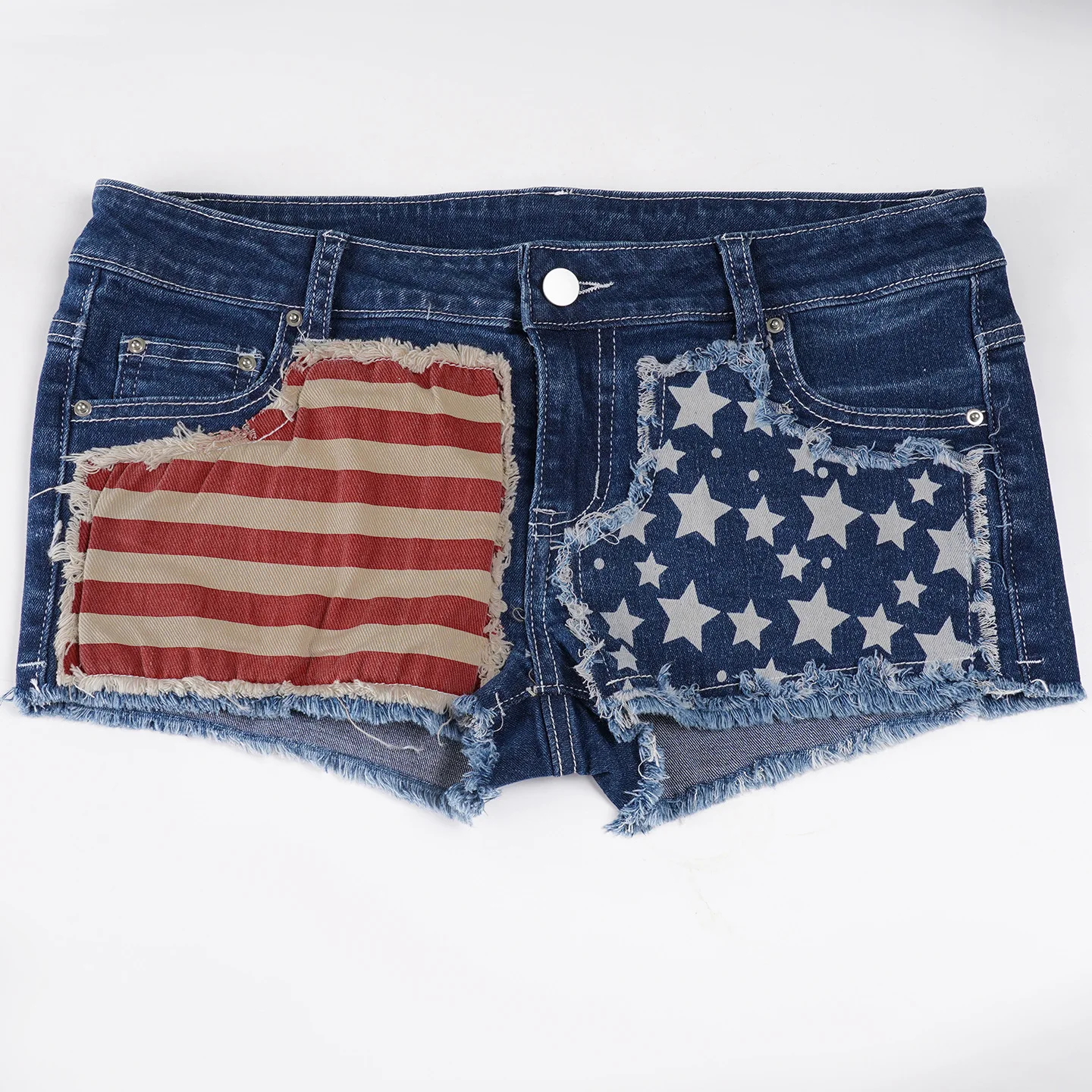 Pantaloncini jeans a vita bassa con stampa bandiera Spice Girls Pantaloncini da donna avvolti sui fianchi con bordo ruvido