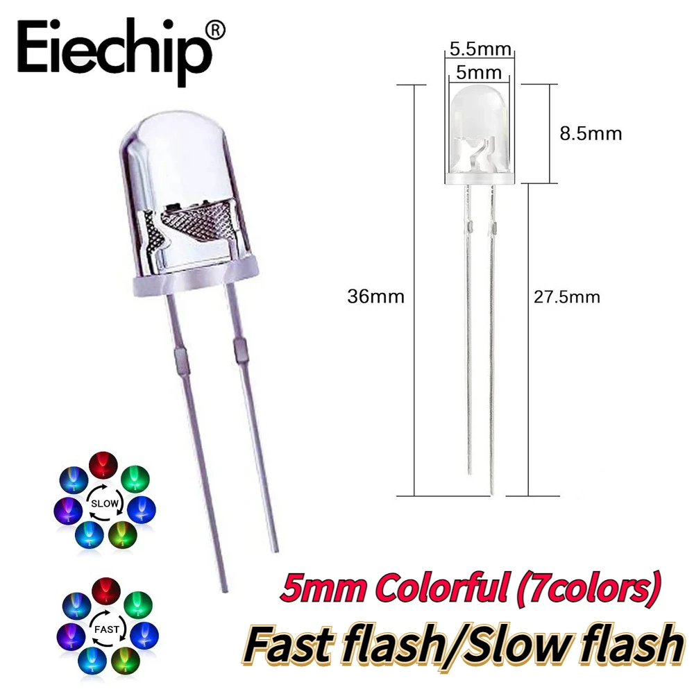 

50pcs 5mm Multicolor LED Diode Slow/Fast Flashing Blinking Light Emitting Diodes Clear Round Lens Electronic Components 2 Pins