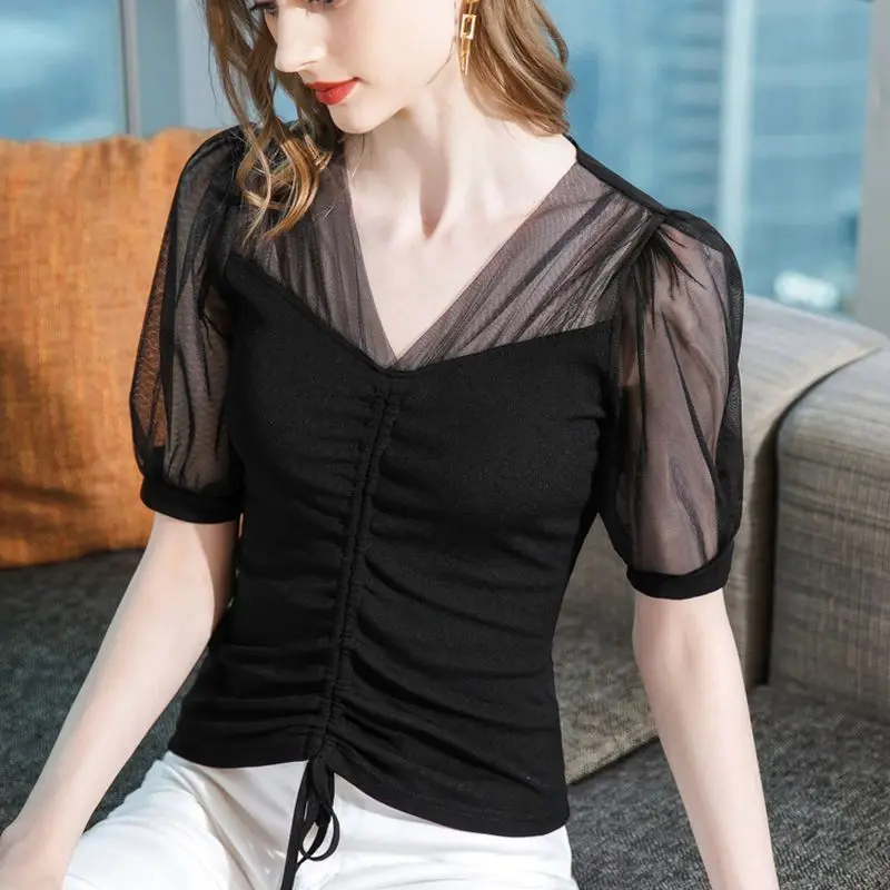 Women Sexy Sheer Mesh Ruched Lace Up Elegant Fairy Basic T Shirt Summer Korean Fashion Black Slim V Neck Short Sleeve Tops Ropa