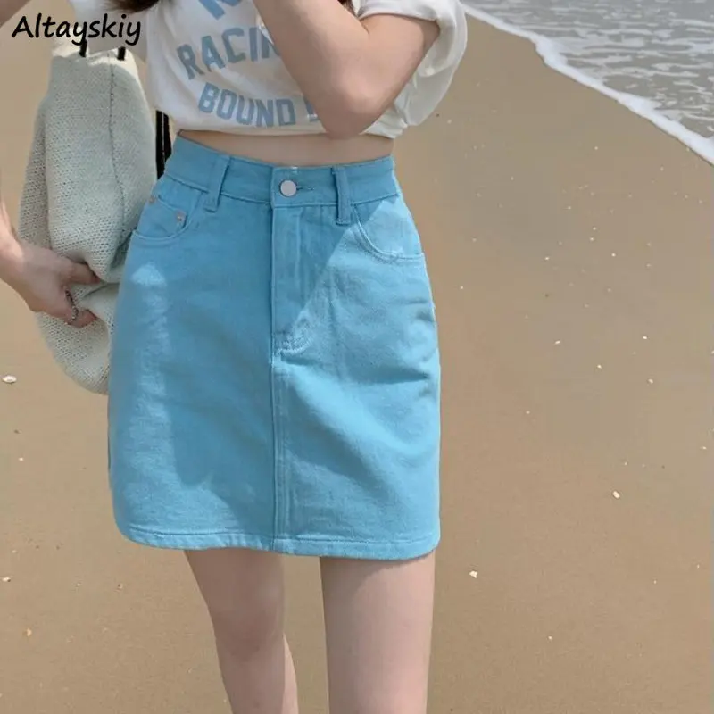 

Mini Denim Skirts Women Hotsweet Graceful Streetwear Korean Style Prevalent Girlish Empire Summer Casual Minimalist Gentle New