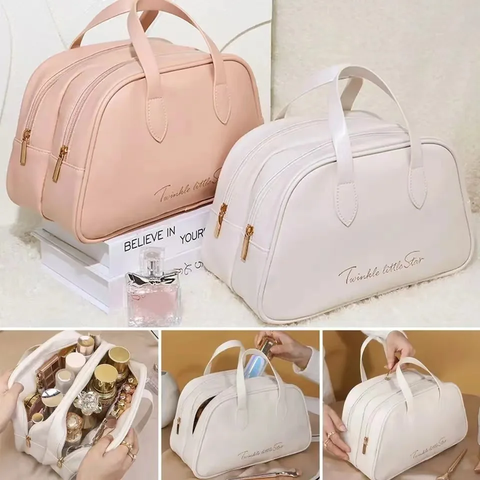 Borsa cosmetica da viaggio a doppio strato di grande capacità borsa per trucco portatile in PU borsa da bagno impermeabile per donna borsa